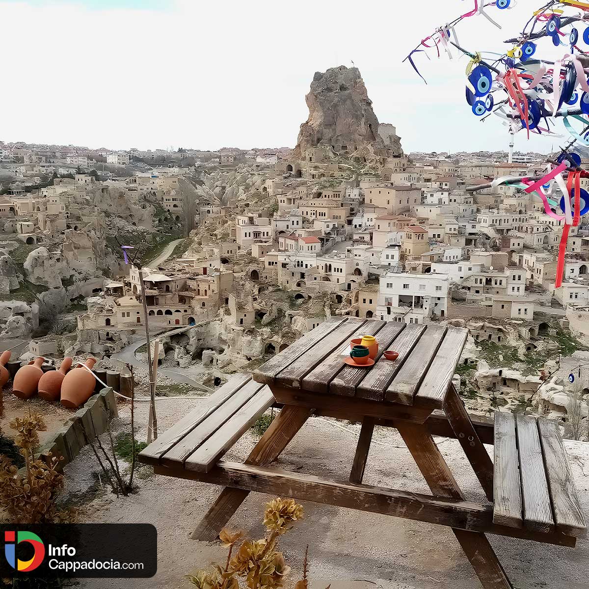 Sunset view of Ortahisar Castle in Cappadocia with golden light over cave houses