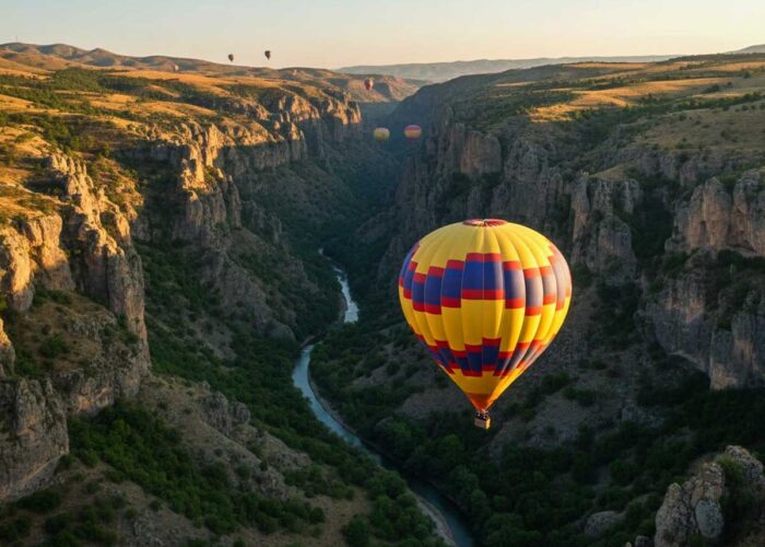 Ihlara Valley hot air balloon flight over green canyon at sunrise