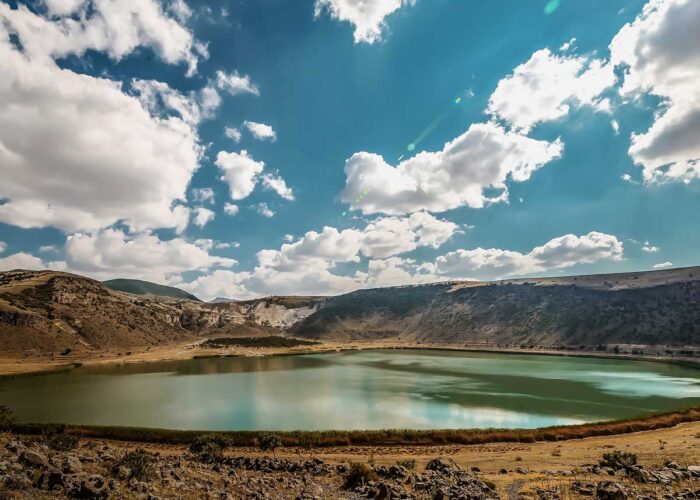 Panoramic view of Narlıgöl Crater Lake formed by ancient volcanic activity in Cappadocia